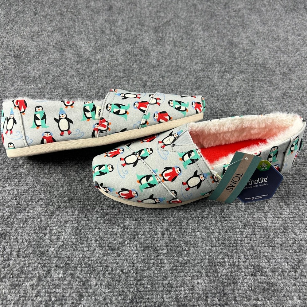 TOMS Alpargata Women 7.5 Glacier Grey Winter Penguins Faux Fur Slippers Flats